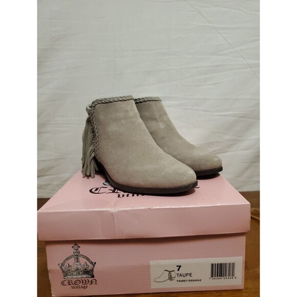 Crown‎ Vintage Tammy Taupe Beige Fringe Suede Bootie Boots Shoes Size 7 - Picture 1 of 8